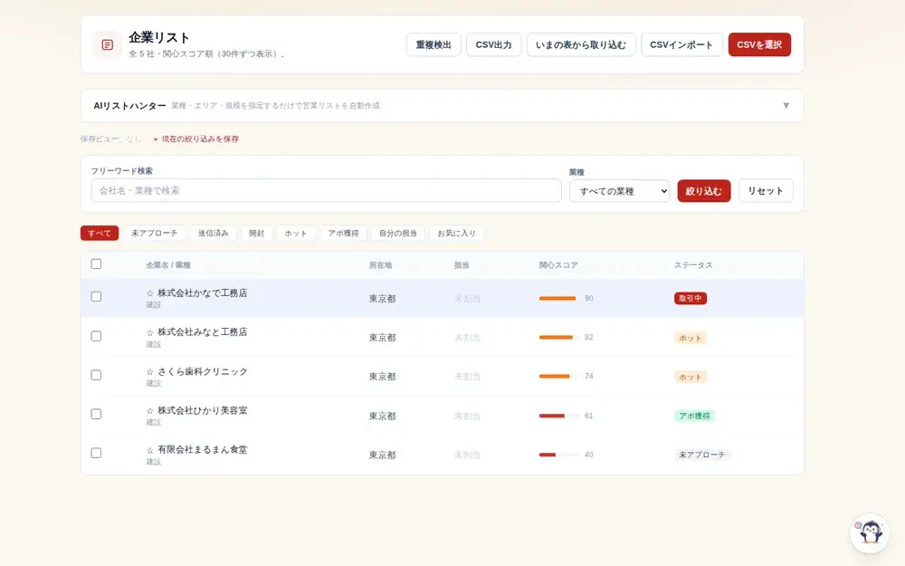 顧客管理・営業管理(CRM/SFA)の画面