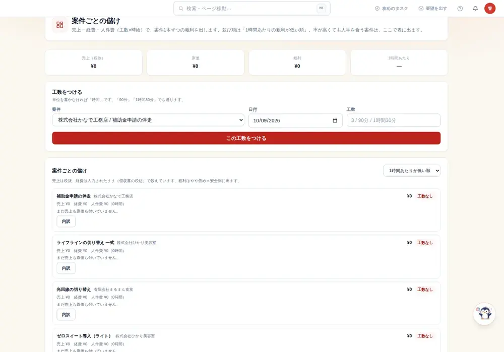 案件別の原価・粗利/工数管理の画面