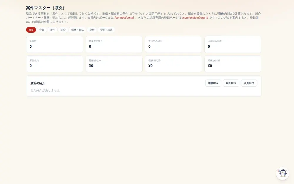 紹介パートナー管理・アフィリエイトの画面