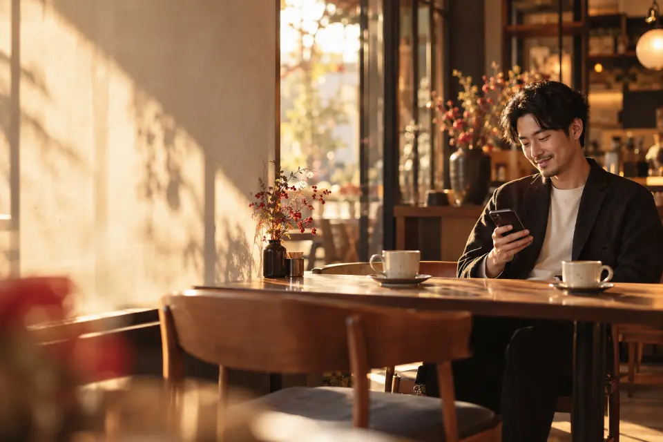 カフェで商談を終え、スマホを見て微笑む経営者(イメージ)