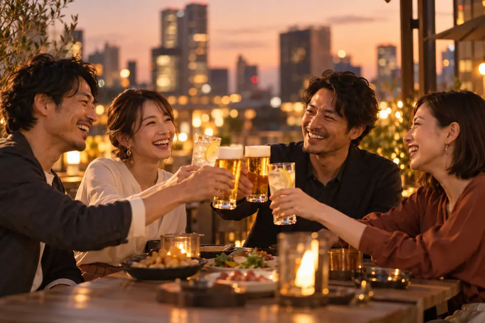 仕事終わりに経営者仲間とテラスで乾杯している(イメージ)