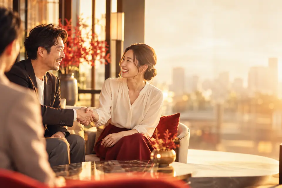 紹介で初めて会った2人の経営者が笑顔で握手している(イメージ)
